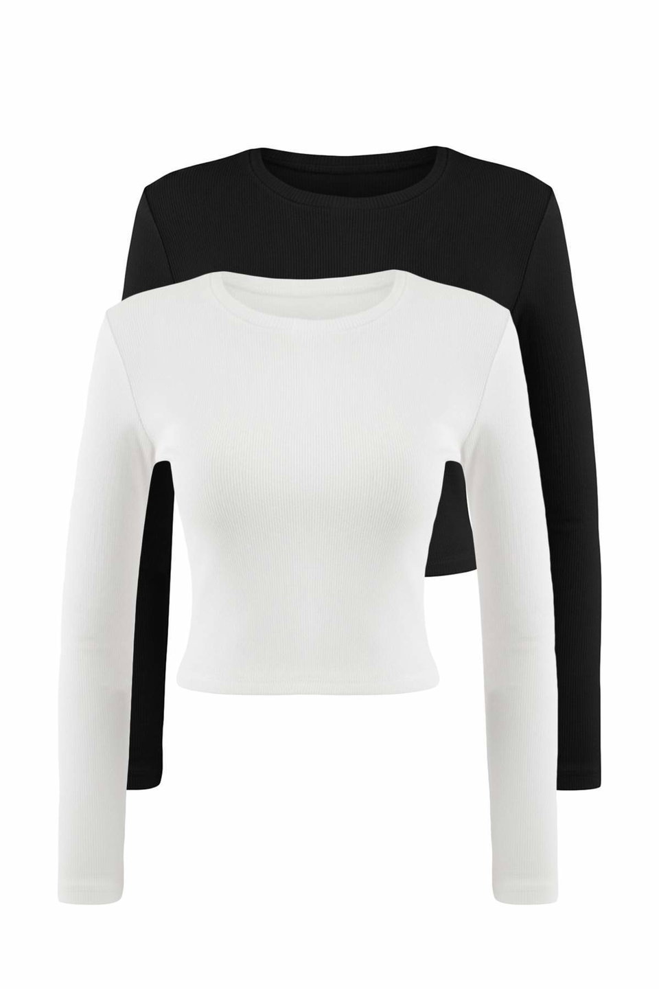 2 Pack Fitted Crew Neck Ribbed Crop Stretchy Knitted Blouse TWOAW22BZ0331