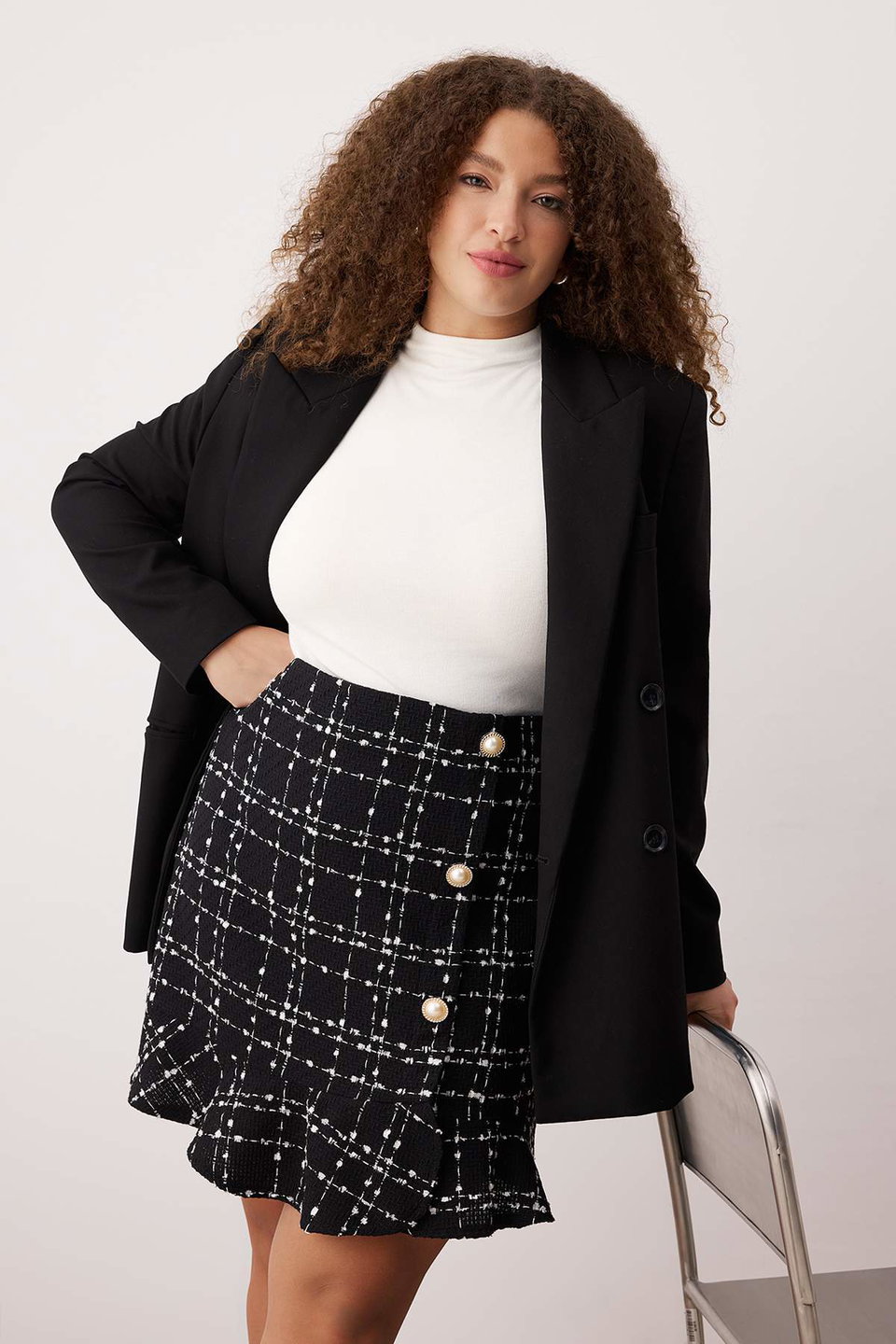 Tweed Plaid/Checkered Mini Woven Plus Size Skirt Tbbaw26Az00039