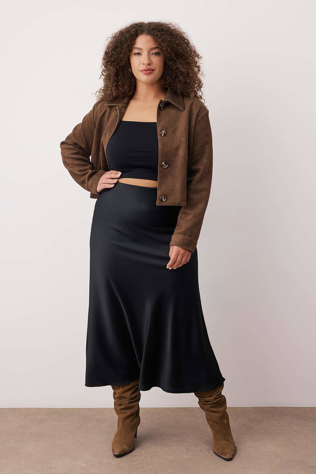Black - Black Midi Length Satin Woven Plus Size Skirt TBBAW26AZ00008
