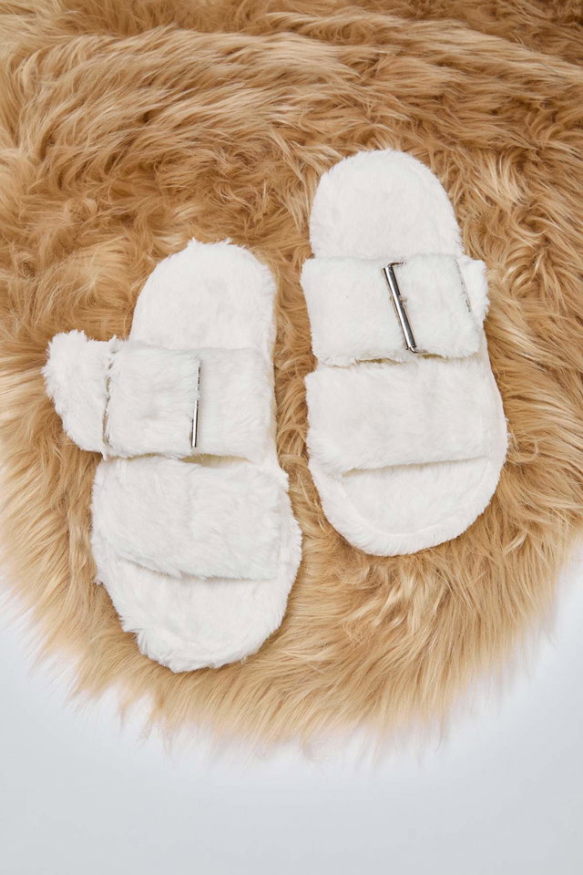 Ecru - Gray Double Band Detailed Plush Women's Home Slippers TAKAW26ER00012