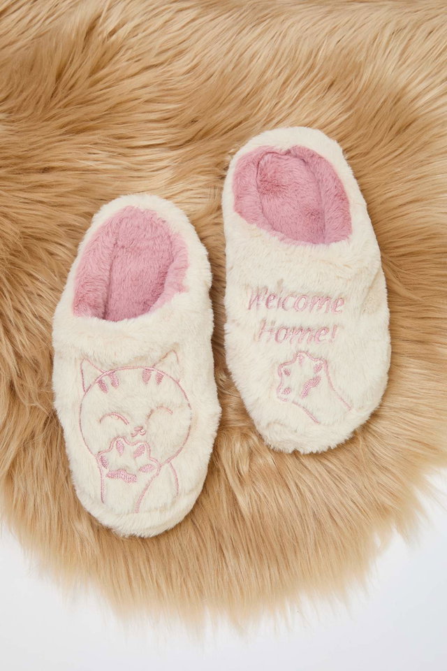 Ecru - Gray Plush Women's Home Slippers TAKAW26ER00010
