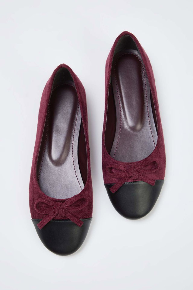 Burgundy - Beige Bow Detail Color Block Almond Toe Women's Ballerina TAXSS25BE00000