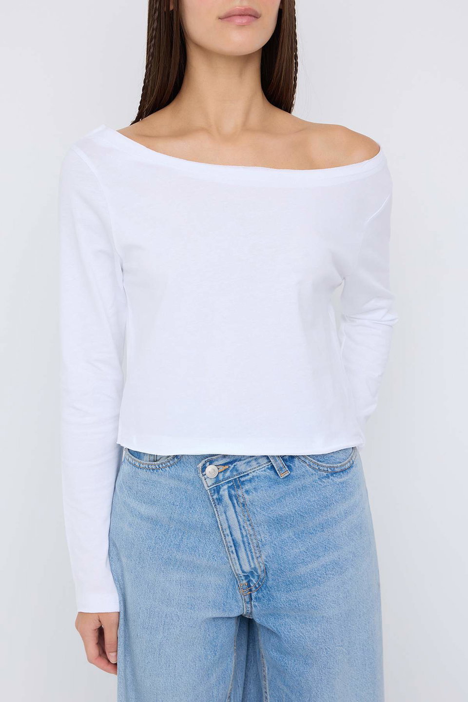 100% Cotton Asymmetrical Boat Neck Relaxed/Comfortable Cut Knitted T-Shirt TWOAW26TS00016