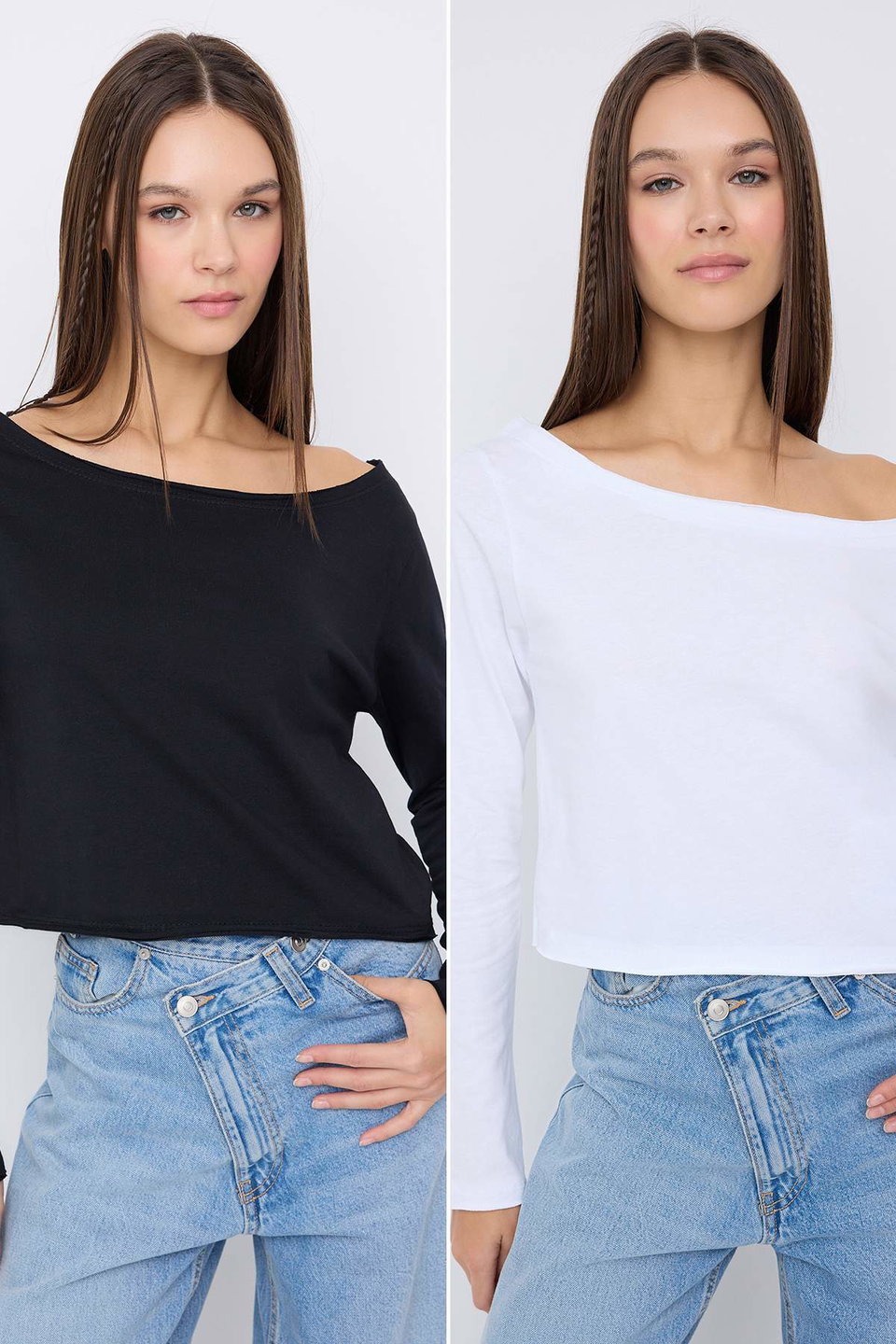 100% Cotton Asymmetrical Boat Neck Relaxed/Comfortable Cut Knitted T-Shirt TWOAW26TS00016