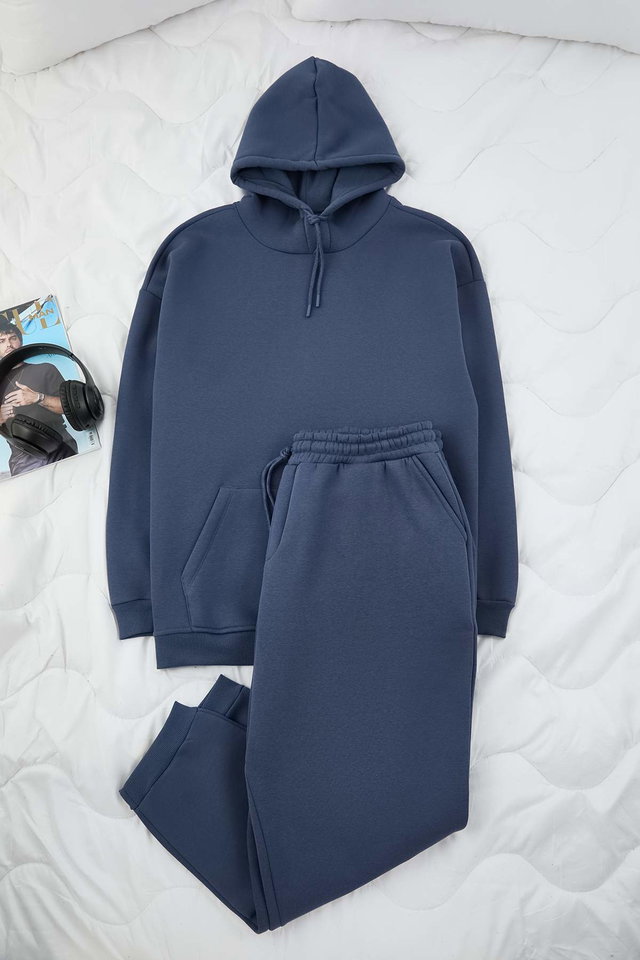 Indigo - Plus Size Black Embroidered Oversize/Wide Hooded Sweatshirt-Pants Set Tmnaw25Ts00000