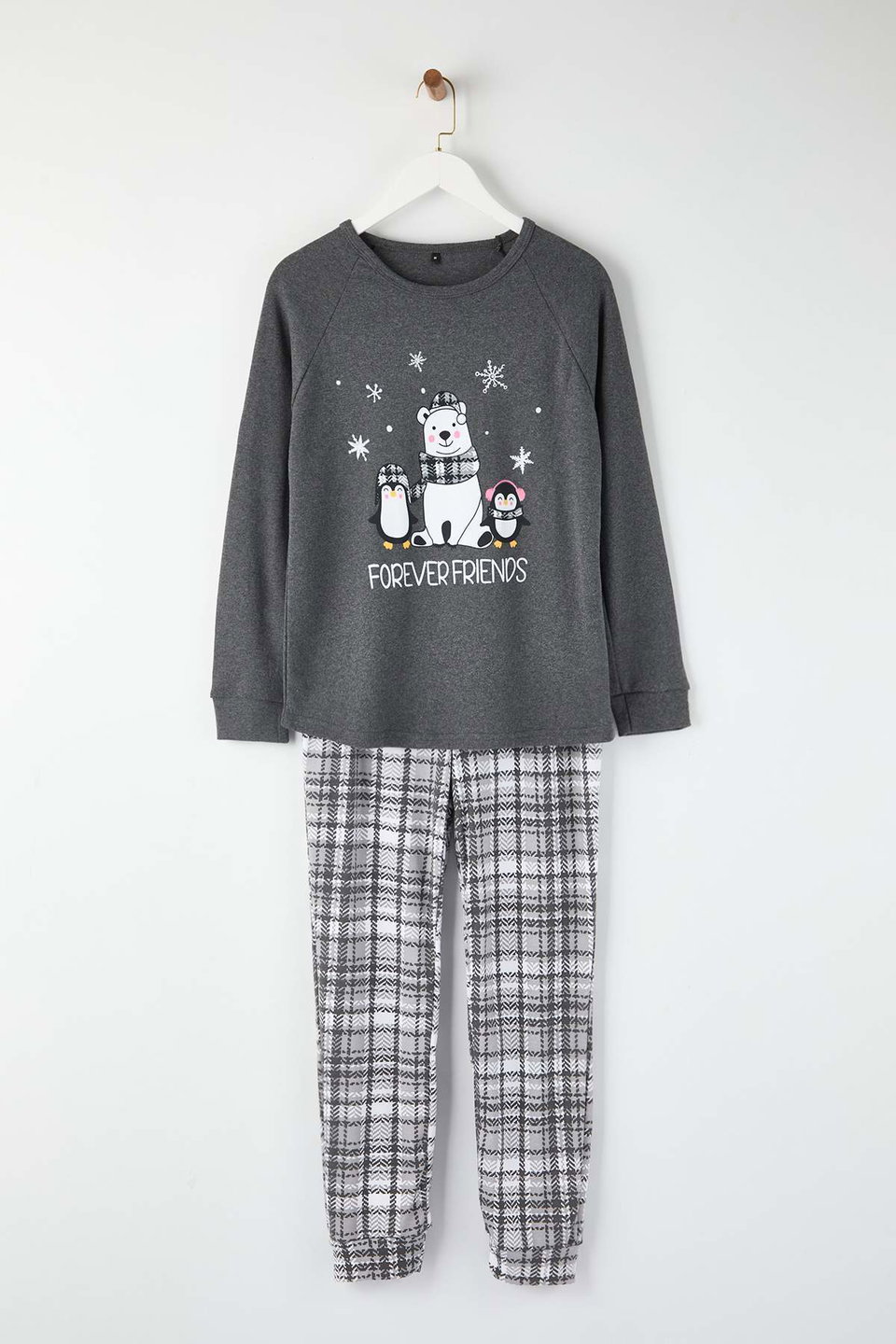 Soft Knitted Pajama Set with Smoked Bear and Penguin Print Plaid THMAW22PT0395