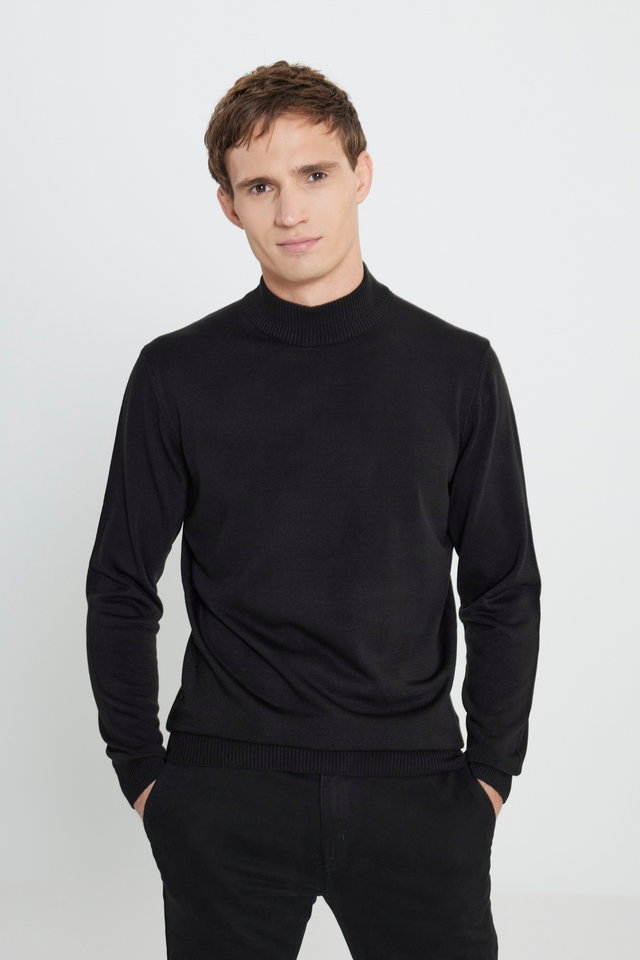 Black - Burgundy Standard Fit Half Turtleneck Sweater