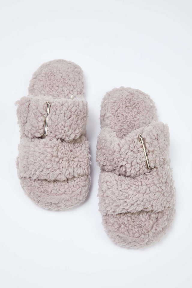 Mink - Gray Double Band Detailed Plush Women's Home Slippers TAKAW26ER00012