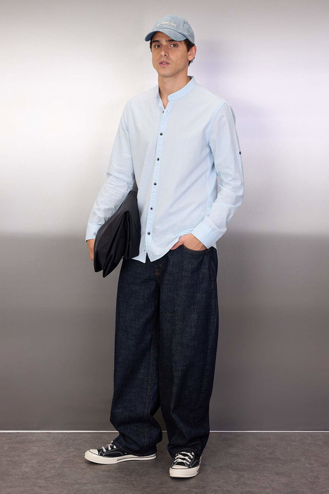 Blue - Black Basic Judge Collar Epaulette Slim Fit Long Sleeve Linen Look Shirt TMNSS20GO0188