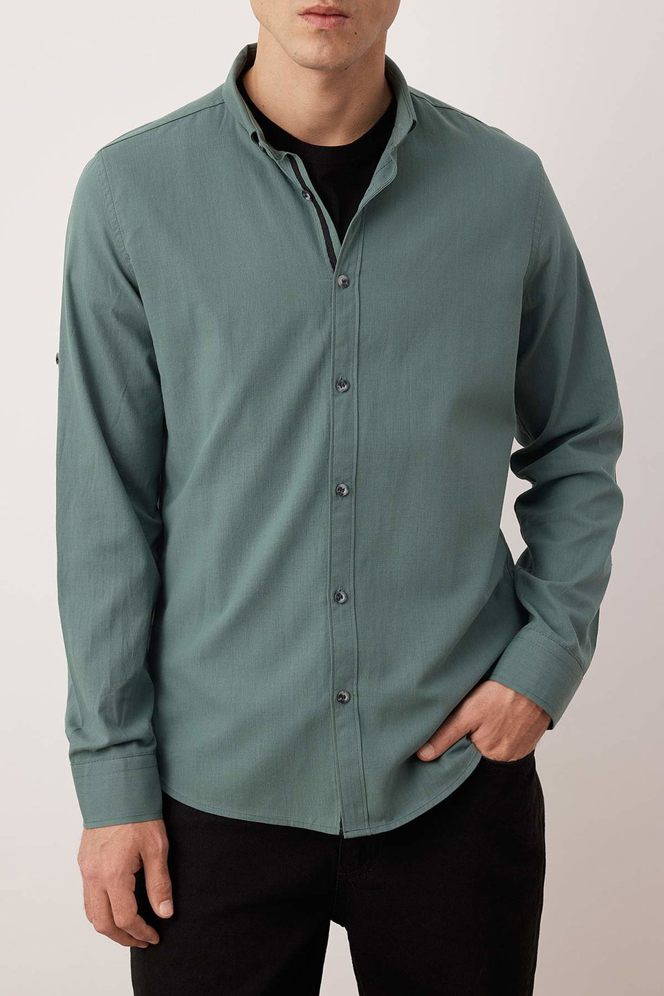 Button-down Collar Epaulette Slim Fit Long Sleeve 100% Cotton Linen Look Shirt TMNSS20GO0189