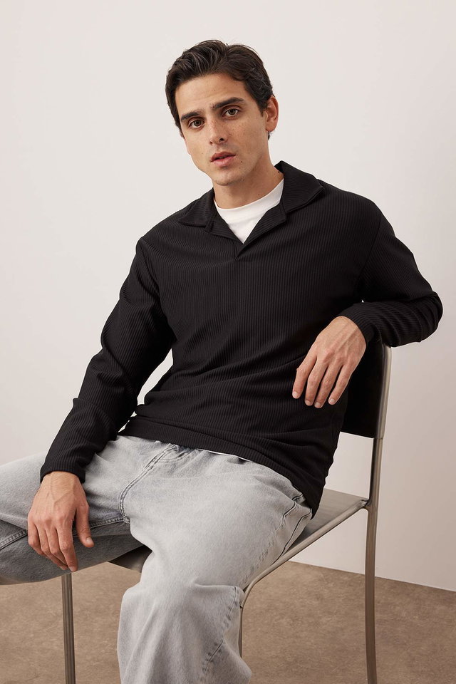 Black - Black Oversize Polo Neck Plain Knitted Polo Neck T-shirt TMNAW25PO00001