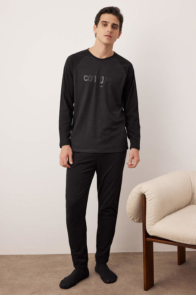 Black-Anthracite - Navy Blue Regular Fit Printed Raglan Sleeve Knitted Pajama Set TMNAW23PT00032