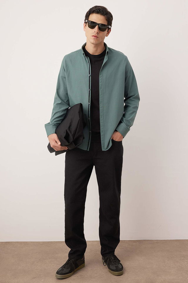 Dark green - Mint Button-down Collar Epaulette Slim Fit Long Sleeve 100% Cotton Linen Look Shirt TMNSS20GO0189