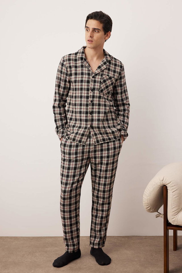 Black - Black Regular Fit Plaid Woven Pajama Set TMNAW22PT1078