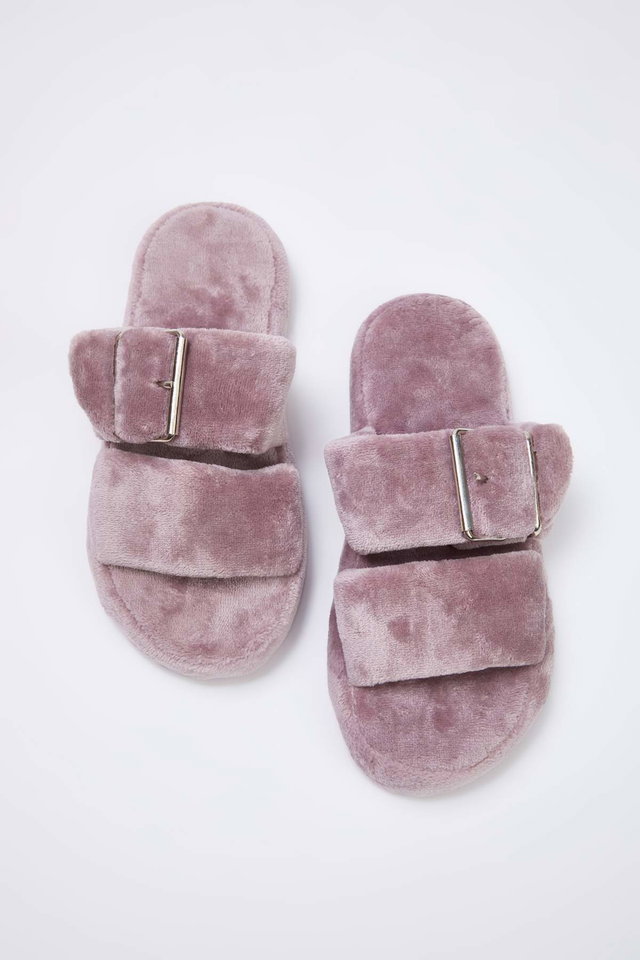 Rose Dried - Gray Double Band Detailed Plush Women's Home Slippers TAKAW26ER00012