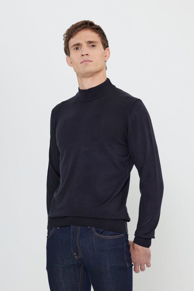 Navy blue - Burgundy Standard Fit Half Turtleneck Sweater