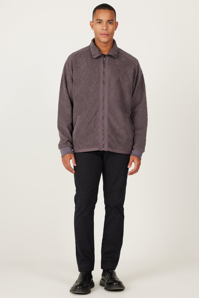 Dark gray - Dark grey oversize loose cut high neck jacquard fleece sweatshirt