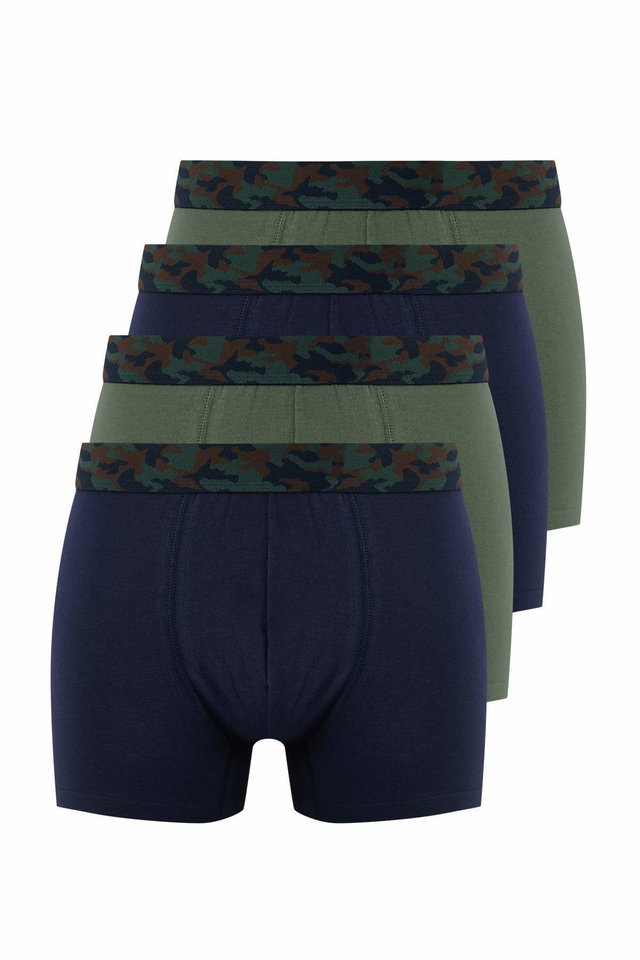 Khaki - Khaki-navy blue camouflage patterned elastic 4-pack cotton elastane boxer tmnaw26bx00001