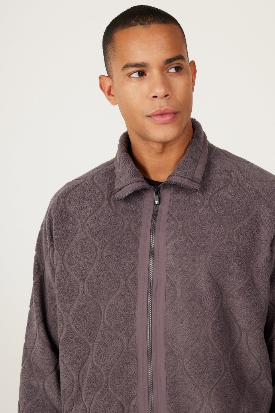 oversize loose cut high neck jacquard fleece sweatshirt