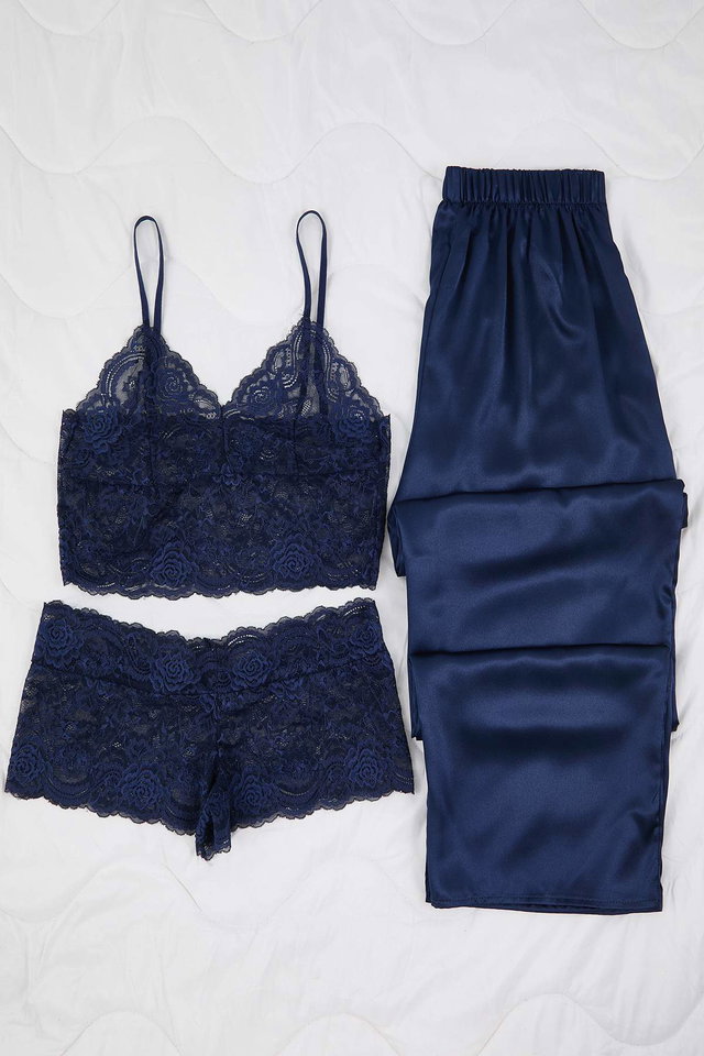 Navy blue - Navy blue 3-piece bridal set: lace top, satin bottom, strappy panty, woven pajama set tbbaw26ai00043
