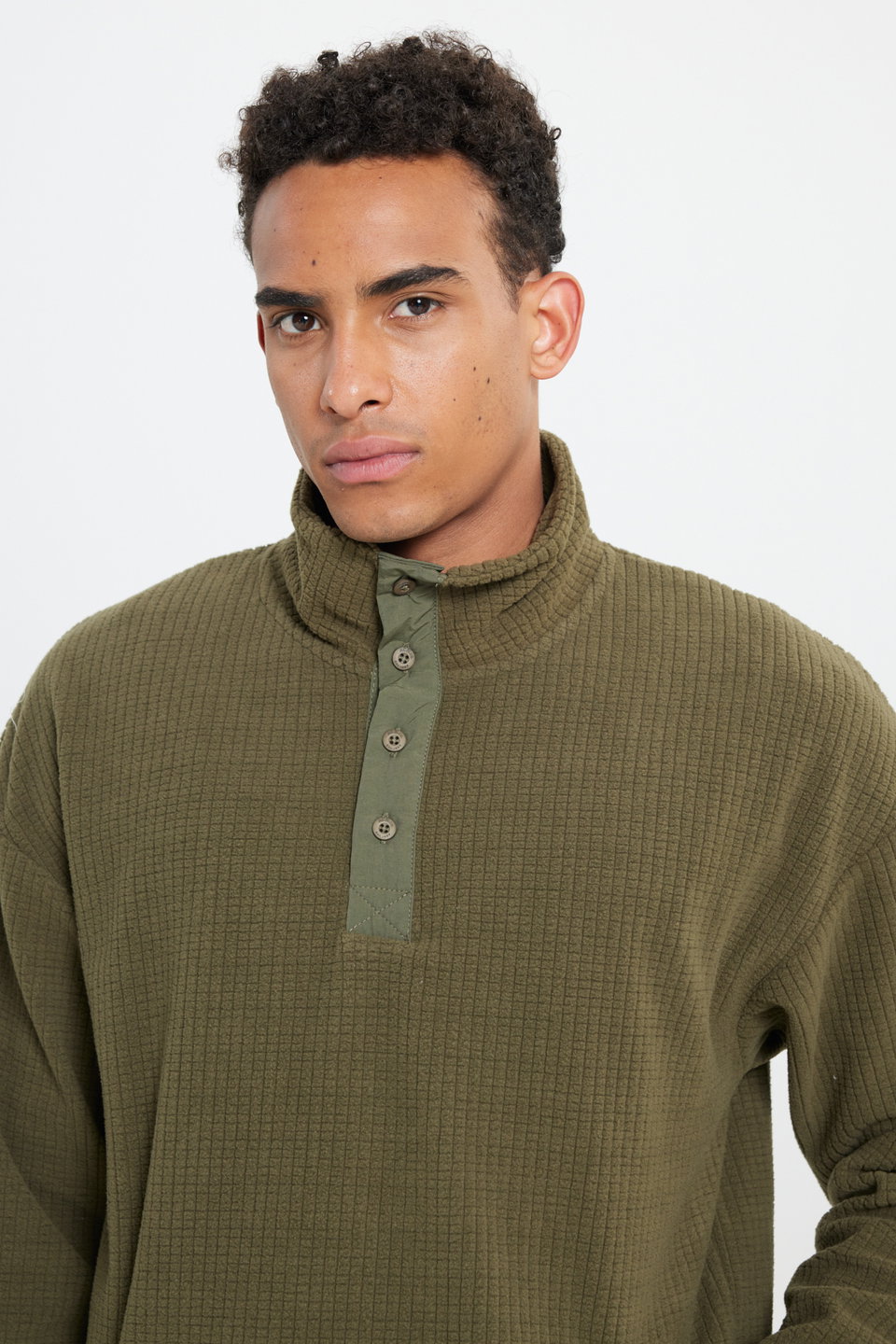 loose fit thick batwing neck jacquard soft touch fleece sweatshirt