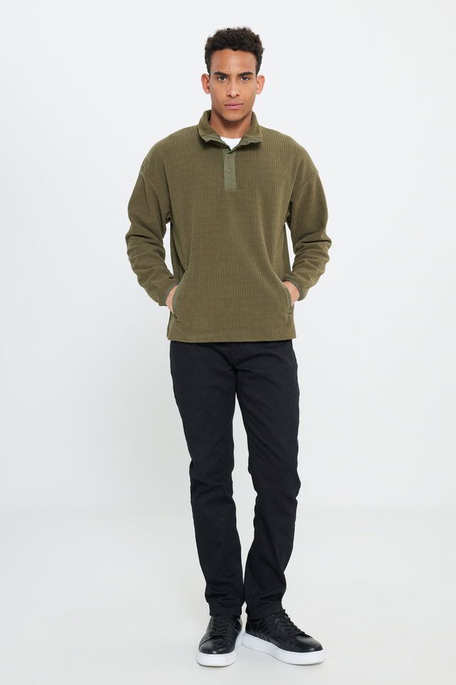 Khaki - Khaki loose fit thick batwing neck jacquard soft touch fleece sweatshirt