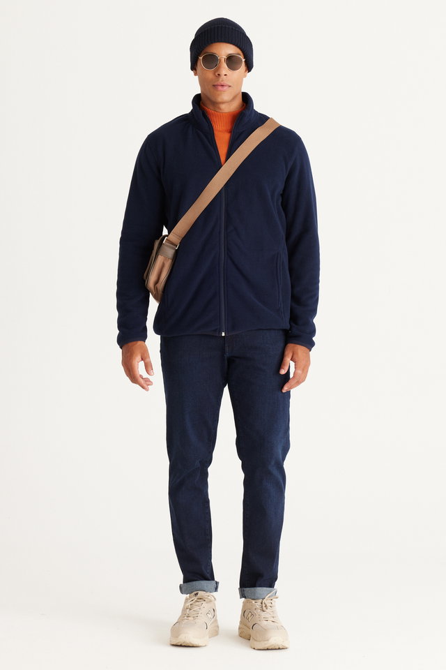 Navy blue - Men's Gray Anti-pilling Non-Pilling Standard Fit Normal Cut Stand Collar Sweatshirt Fleece Jacket