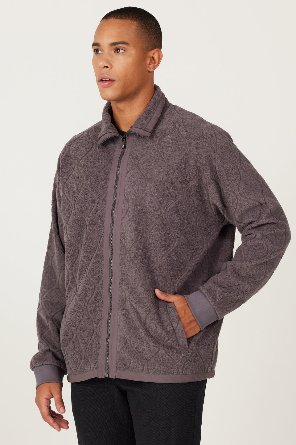 oversize loose cut high neck jacquard fleece sweatshirt