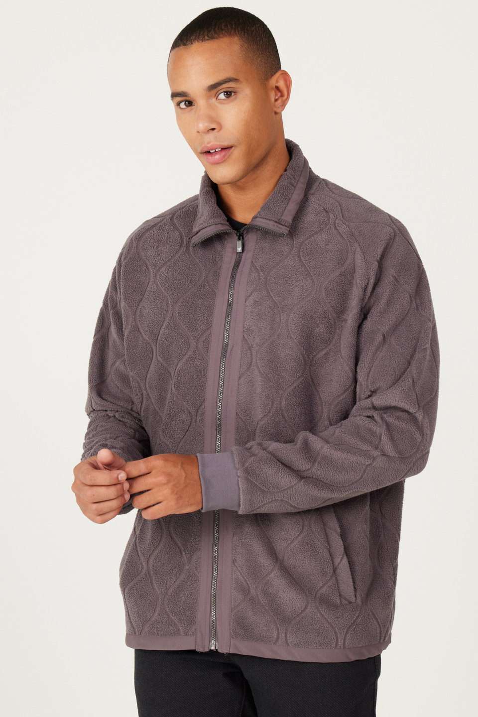 oversize loose cut high neck jacquard fleece sweatshirt