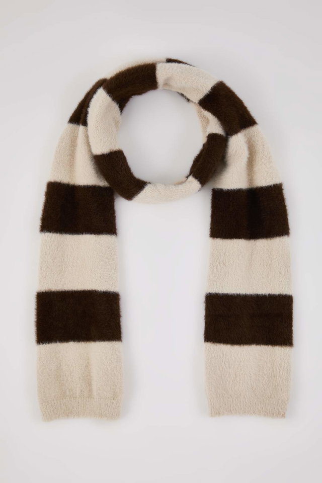 Ecru - Soft textured trendy ecru-brown color block knit scarf