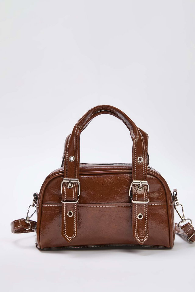 Caramel-107 - Black Contrast Stitched Women's Bowling Small Mini City Hand and Shoulder Bag TAKAW26OC00015