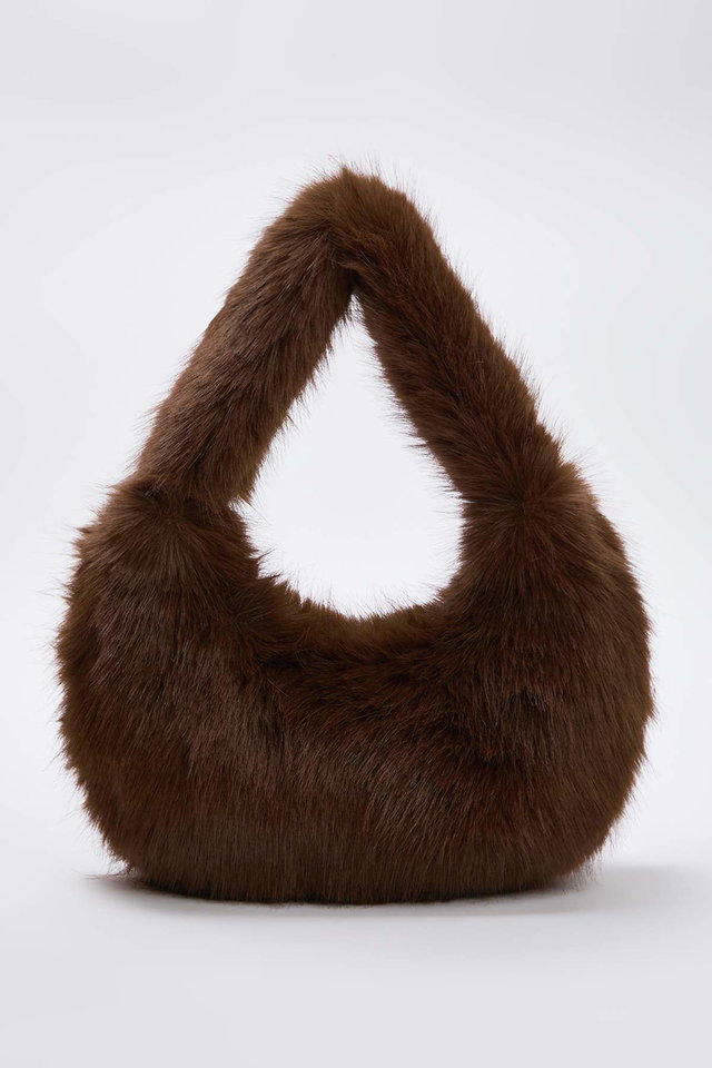 Brown - Mink Faux Fur Women's Hand and Shoulder Bag Takaw26Oc00066