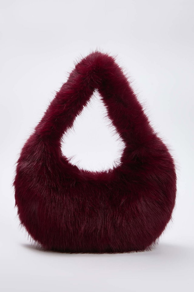 Burgundy - Mink Faux Fur Women's Hand and Shoulder Bag Takaw26Oc00066