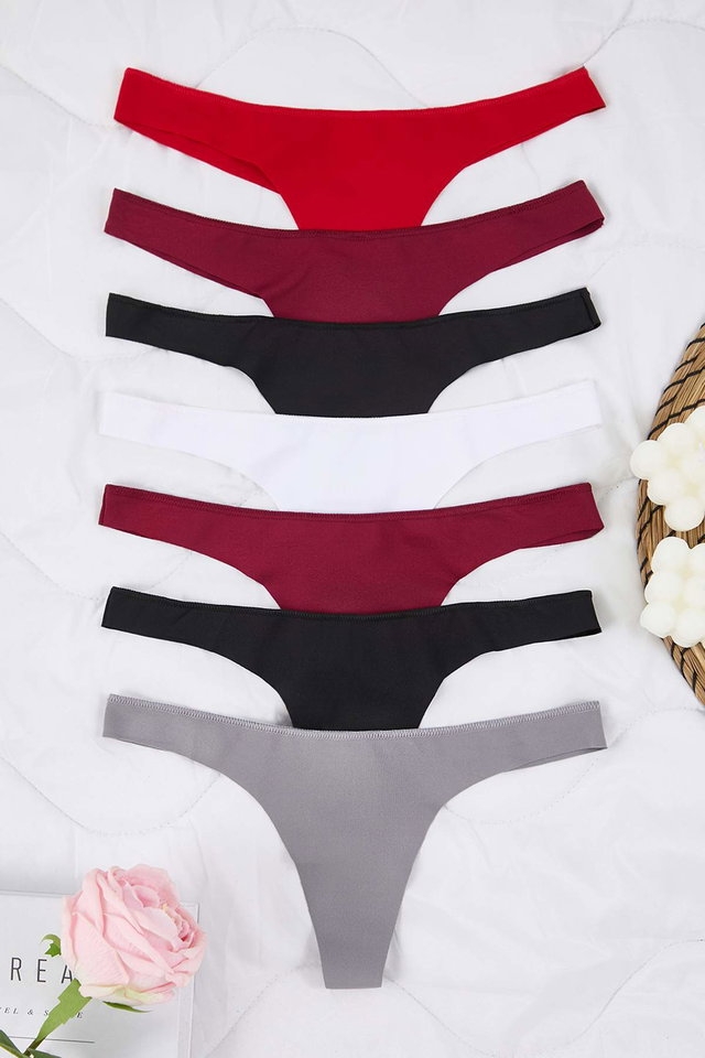 Claret-Multicolored - Black-Multicolored 7-Pack Seamless/Non-Trace Laser Cut Micro Thong Knitted Panties THMSS25KU00036