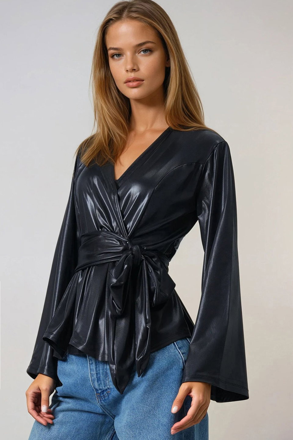 Women's double-breasted faux leather blouse with waist tie alc-x14680