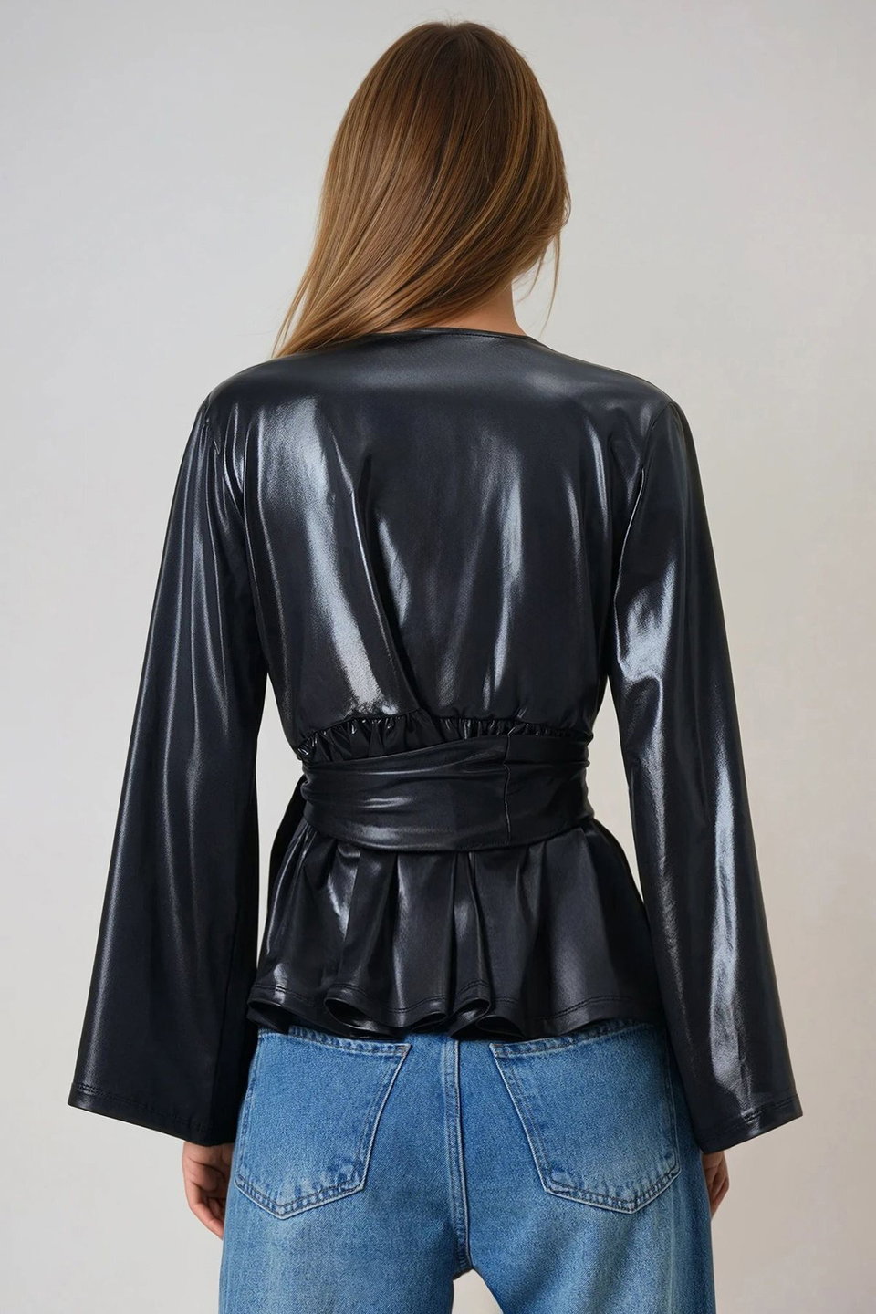 Women's double-breasted faux leather blouse with waist tie alc-x14680