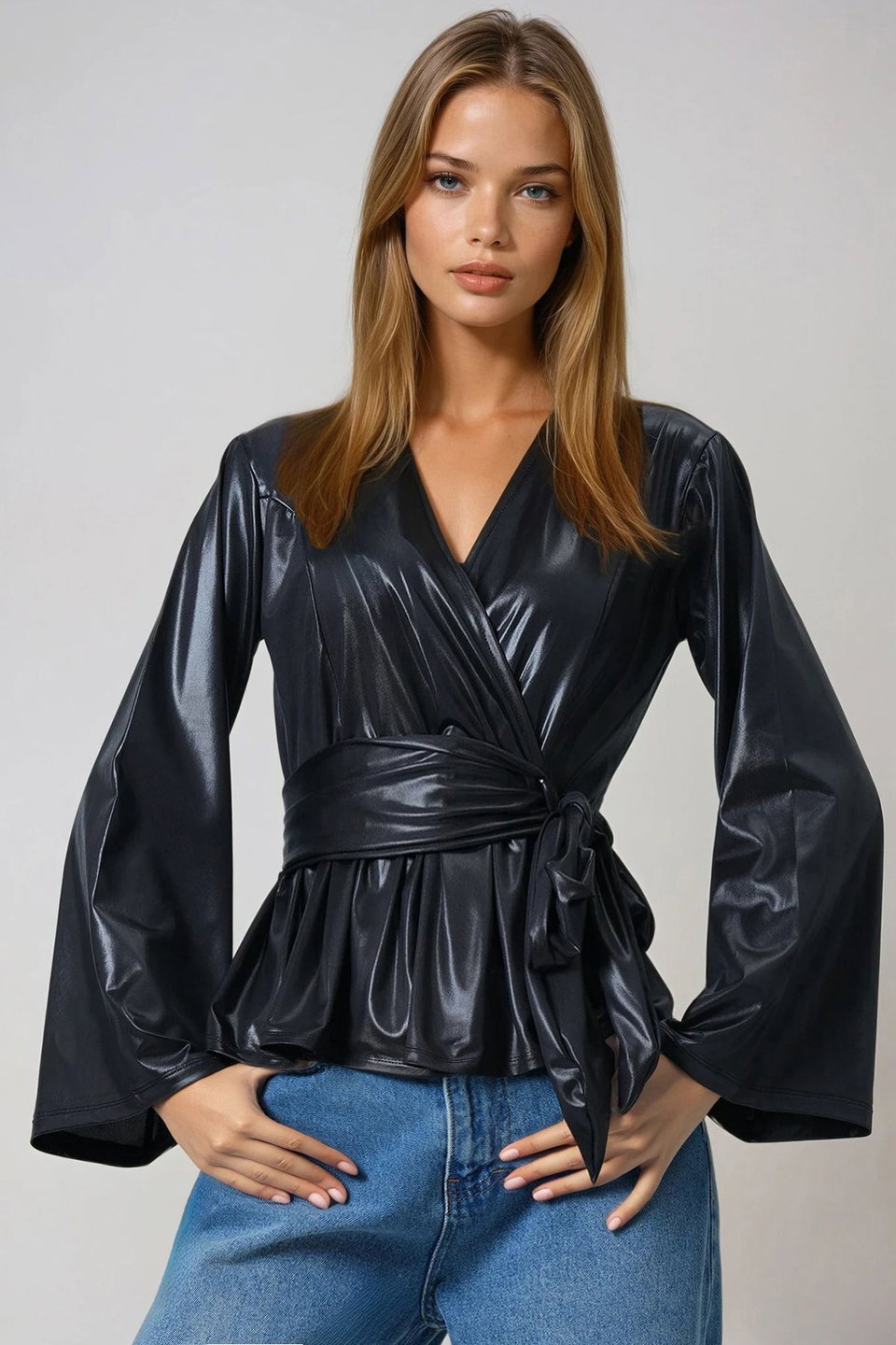 Women's double-breasted faux leather blouse with waist tie alc-x14680