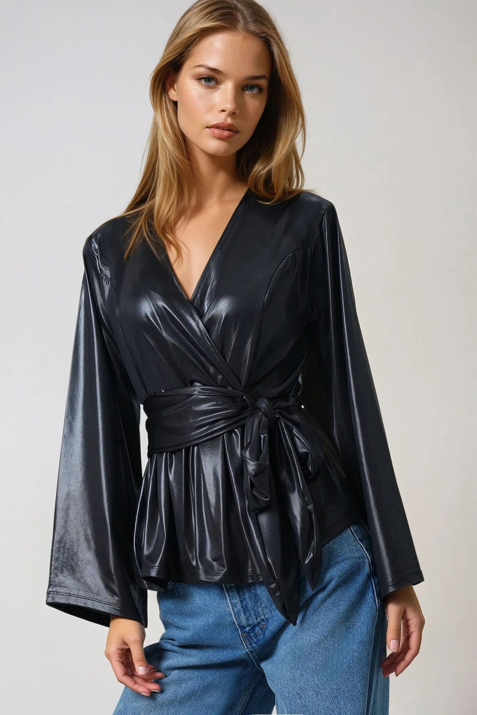 Women's double-breasted faux leather blouse with waist tie alc-x14680