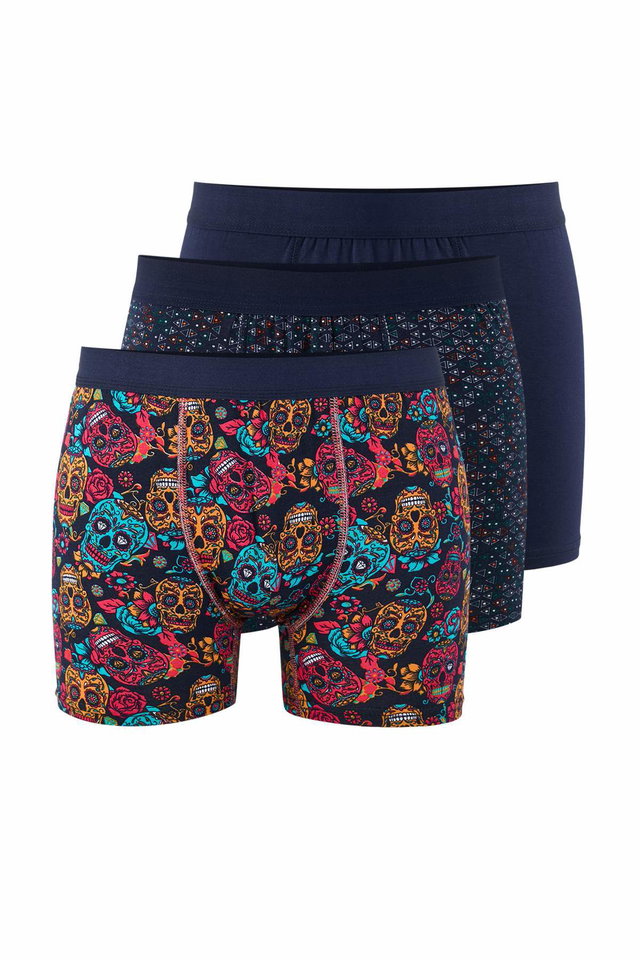 Navy blue - Black patterned cotton lycra 3-piece boxer tmnaw26bx00000