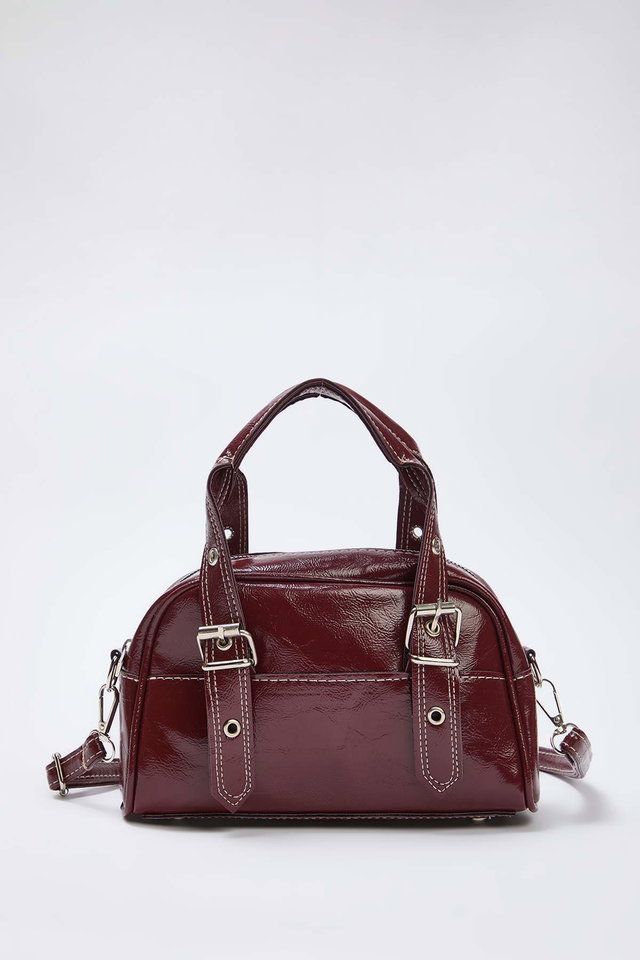 Burgundy - Black Contrast Stitched Women's Bowling Small Mini City Hand and Shoulder Bag TAKAW26OC00015