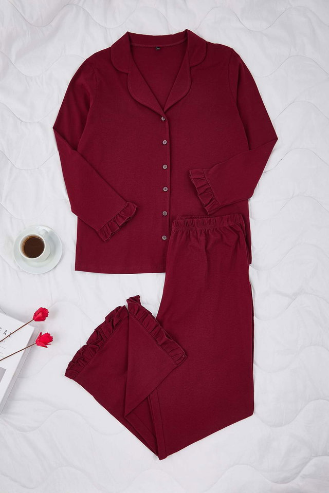 Burgundy - Pink Shirt Collar Flounce Detailed Knitted Pajama Set TBBAW25AI00056