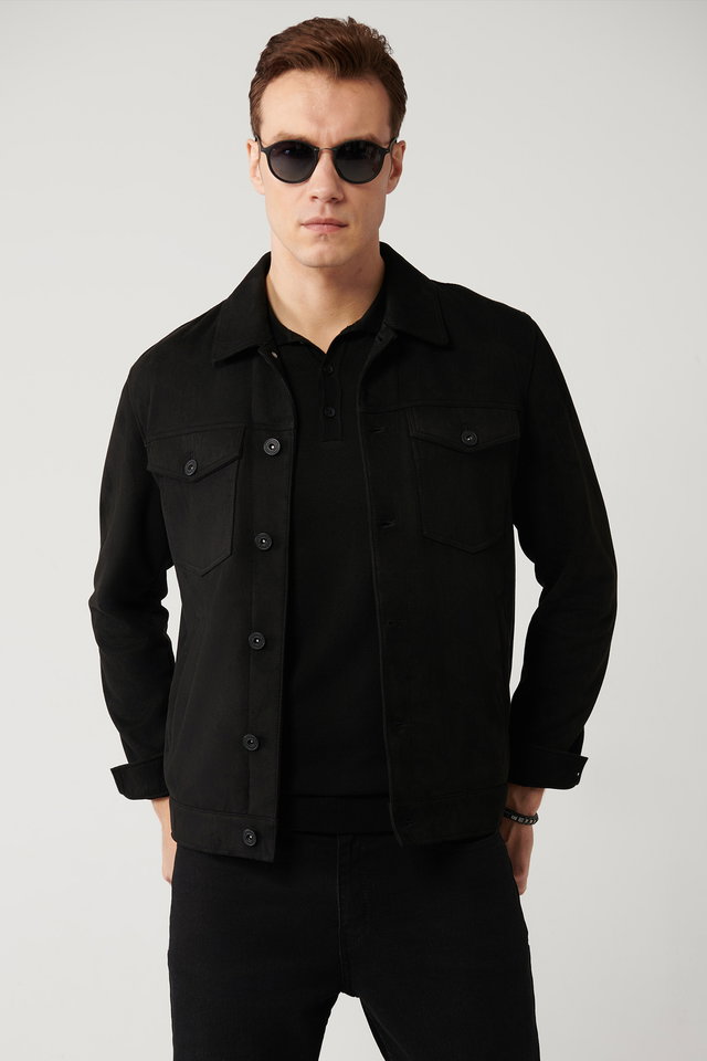 Black - Men's Black Classic Collar Suede Look Pocket Jacket A41Y6011