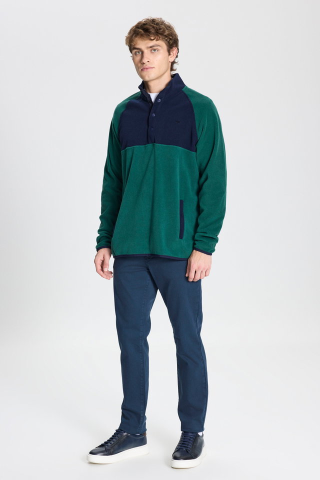 Green-Navy Blue - Black-white melange standard fit regular cut high neck patterned fleece sweatshirt