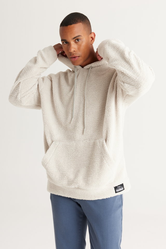 Beige - Men's Mustard Oversize Wide-Fit Hooded Sherpa Sweatshirt Fleece