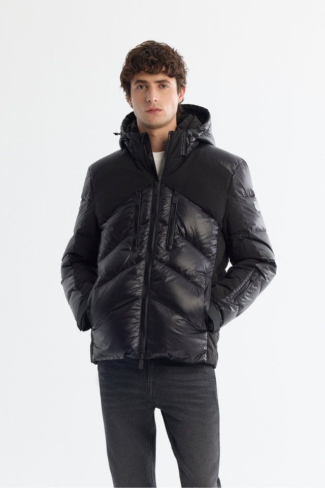 Schwarz - Men's black detachable hooded water-repellent windproof down puffer ski jacket a42y6158