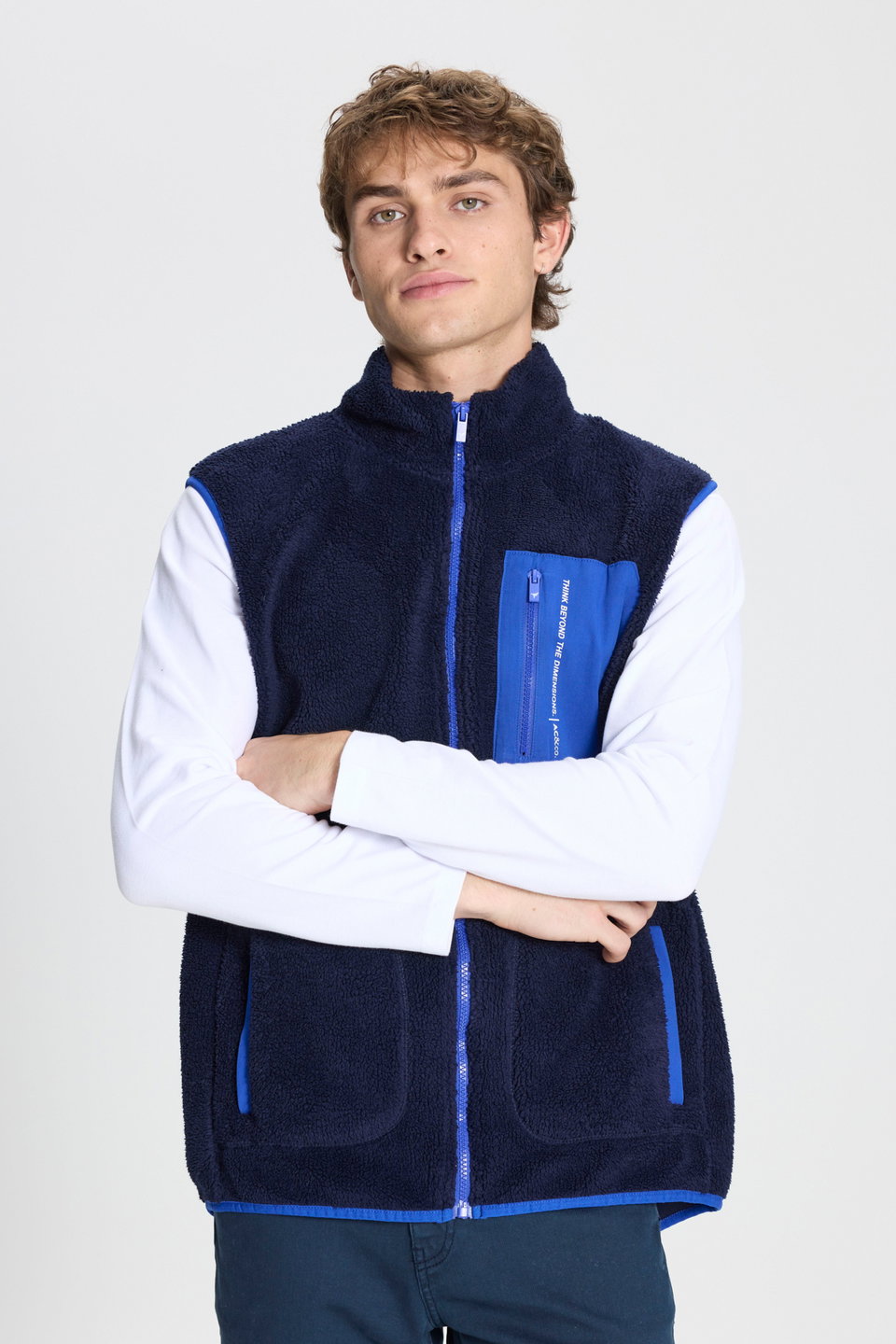 standard fit regular cut stand collar sherpa fleece vest
