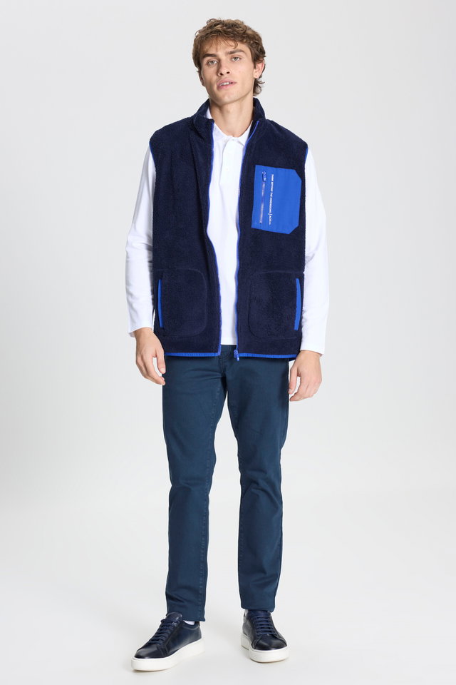 Navy blue - Navy blue standard fit regular cut stand collar sherpa fleece vest