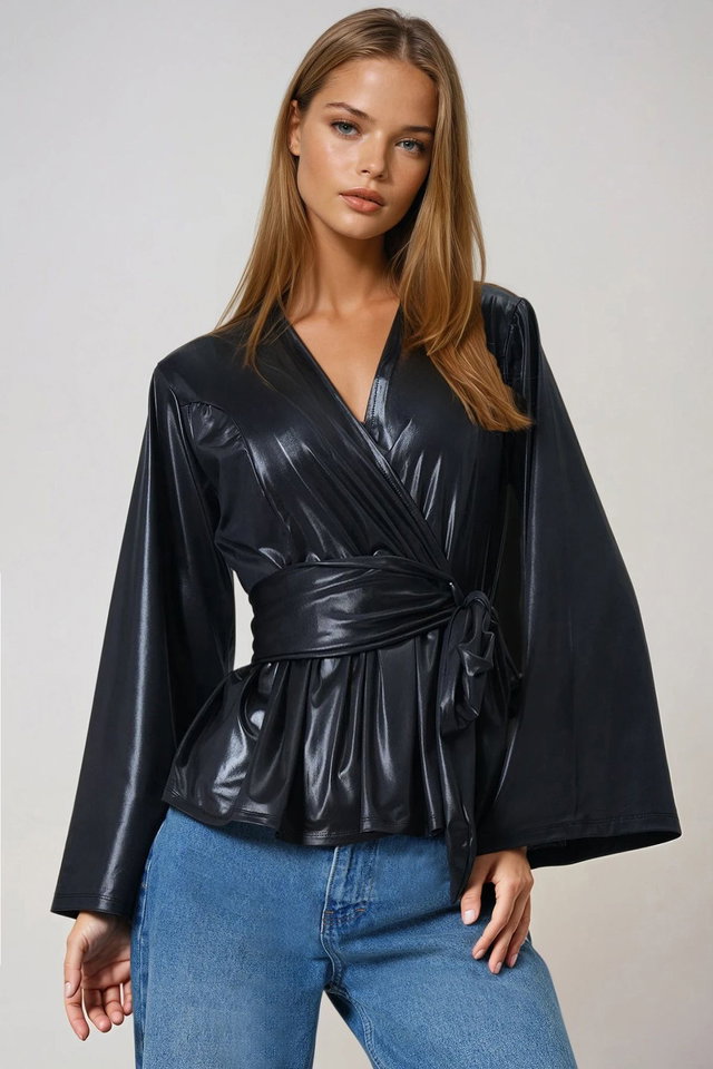 Black - Women's black double-breasted faux leather blouse with waist tie alc-x14680