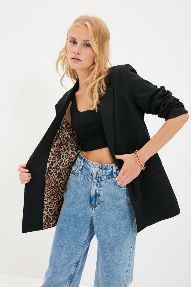 Black - Black Regular Lined Detailed Woven Blazer Jacket TWOAW20CE0316