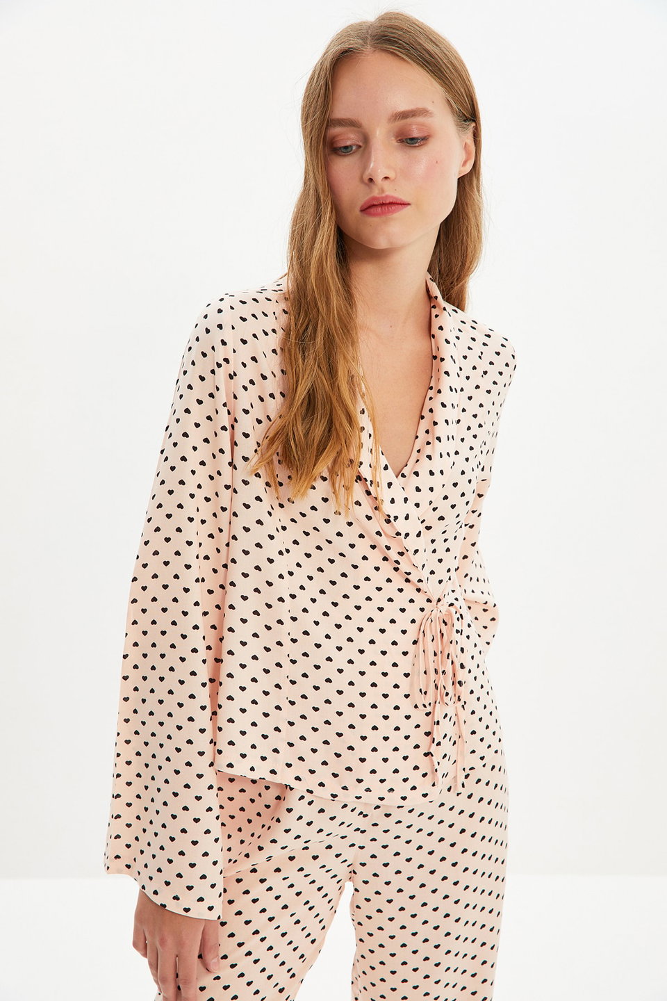 Heart Tie Detail Viscose Woven Pajama Set THMAW22PT0300
